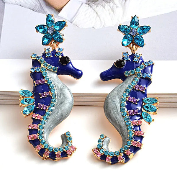 Lovcia Oceanic Theme Rhinestone Seahorse Earrings-Earrings-White-White