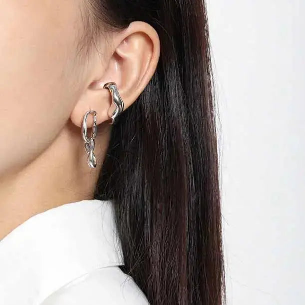 Lovcia Office Asymmetry Hollow Chain 925 Sterling Silver Dangling Earrings-Earrings-Silver-Silver