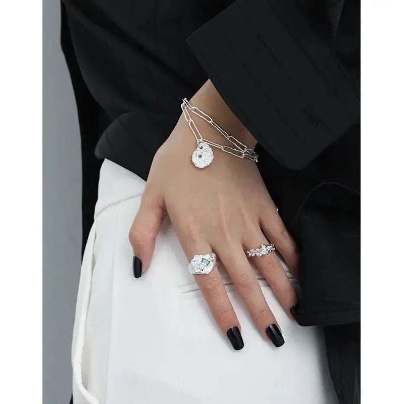Lovcia Office Double Layers Hollow Chain Lotus Leaf 925 Sterling Silver Bracelet-Bracelets-Silver-Silver
