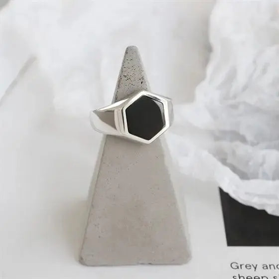 Lovcia Office Geometry Black Hexagon 925 Sterling Silver Adjustable Ring-Rings-