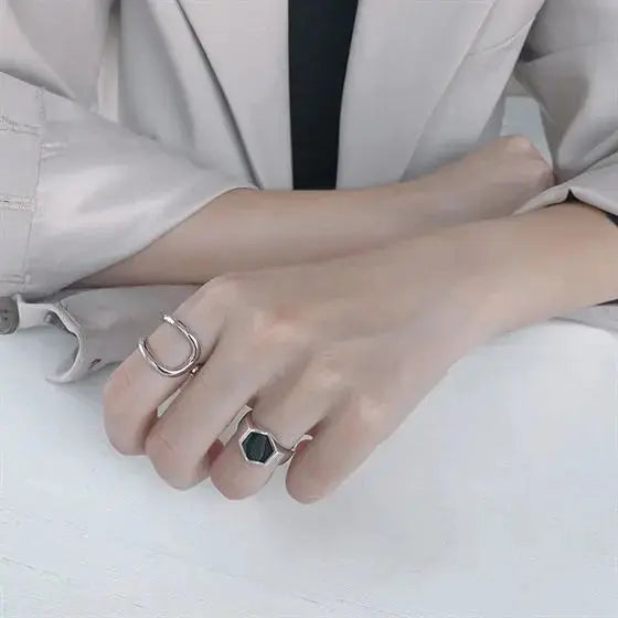 Lovcia Office Geometry Black Hexagon 925 Sterling Silver Adjustable Ring-Rings-