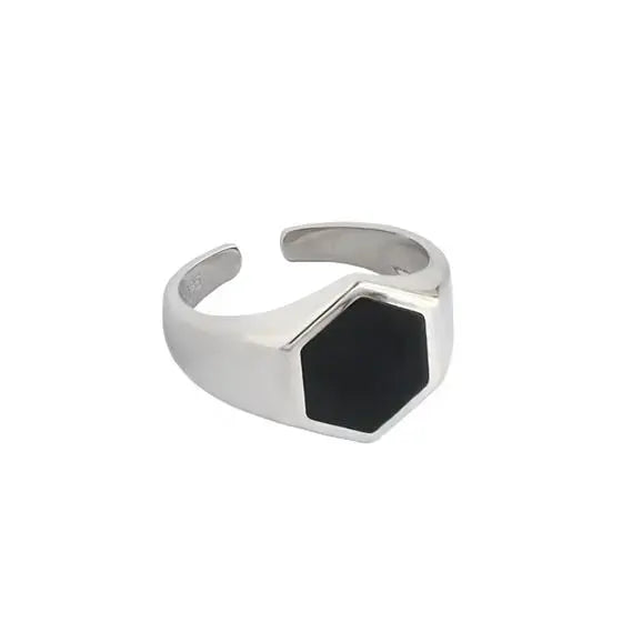 Lovcia Office Geometry Black Hexagon 925 Sterling Silver Adjustable Ring-Rings-