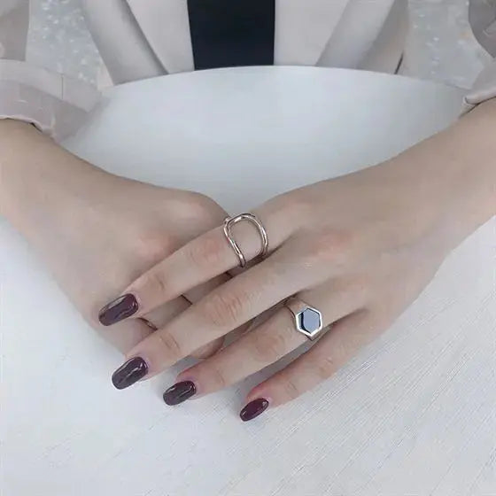 Lovcia Office Geometry Black Hexagon 925 Sterling Silver Adjustable Ring-Rings-
