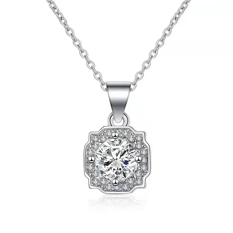 Lovcia Office Micro Setting Moissanite CZ Square 925 Sterling Silver Necklace-Necklaces-1 Carat Moissanite CZ-1 Carat Moissanite CZ