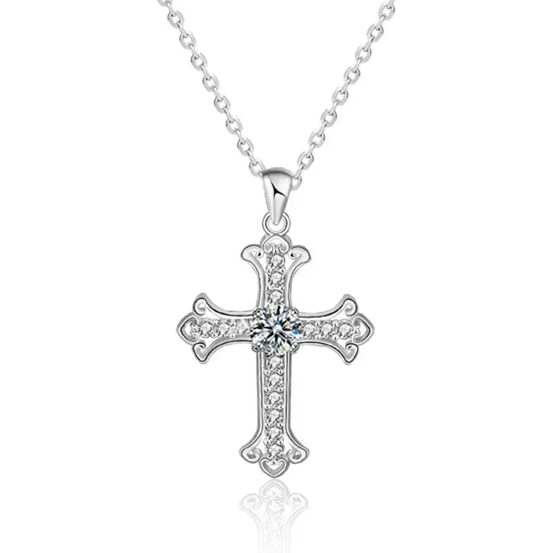 Lovcia Office Moissanite CZ Cross 925 Sterling Silver Necklace-Necklaces-400+50mm Necklace-400+50mm Necklace