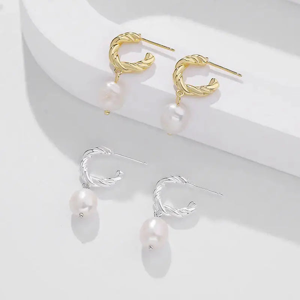 Lovcia Office Oval Shell Pearl Twisted C Shape 925 Sterling Silver Dangling Earrings-Earrings-Silver-Silver