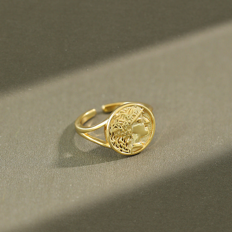 Lovcia Office Portrait Coin Round Ring 925 Gold Adjustable-Rings-Yellow Gold-Yellow Gold