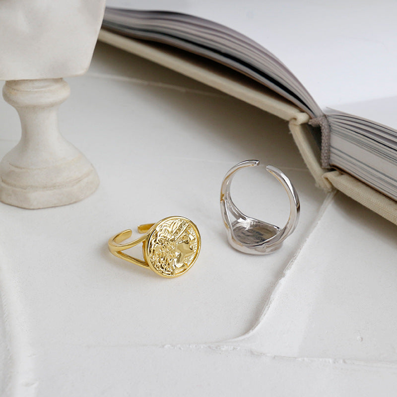 Lovcia Office Portrait Coin Round Ring 925 Gold Adjustable-Rings-Yellow Gold-Yellow Gold
