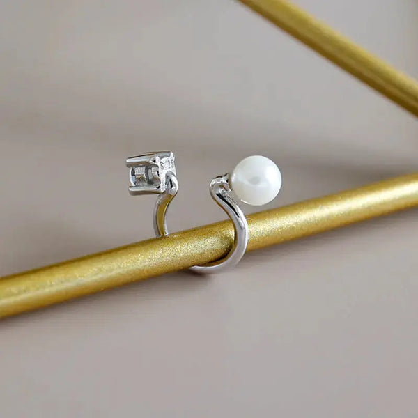 Lovcia Office Round Shell Pearl CZ 925 Sterling Silver Non-Pierced Earring(Single)-Earrings-Rhodium-Rhodium