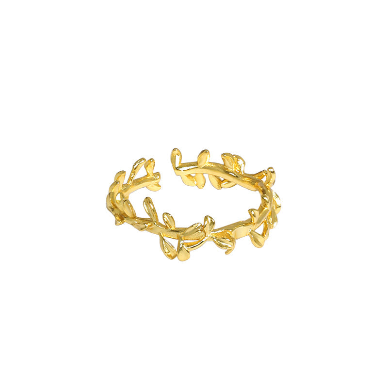Lovcia Olive Branch 925 Silver Adjustable Ring Gold-Rings-Yellow Gold-Yellow Gold