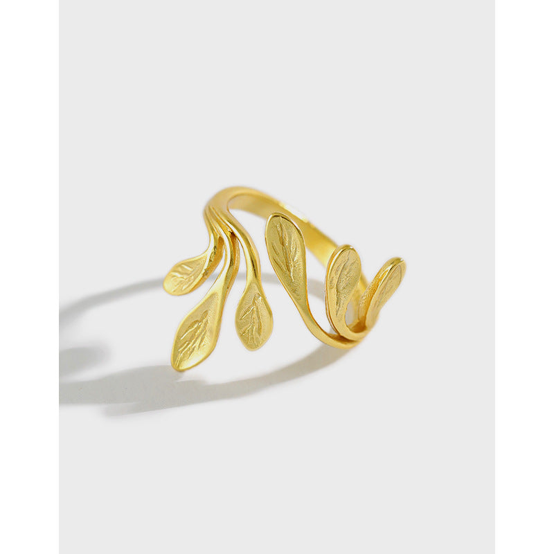 Lovcia Olive Branch Leaves Adjustable Ring 925 Gold Plated-Rings-Yellow Gold-Yellow Gold