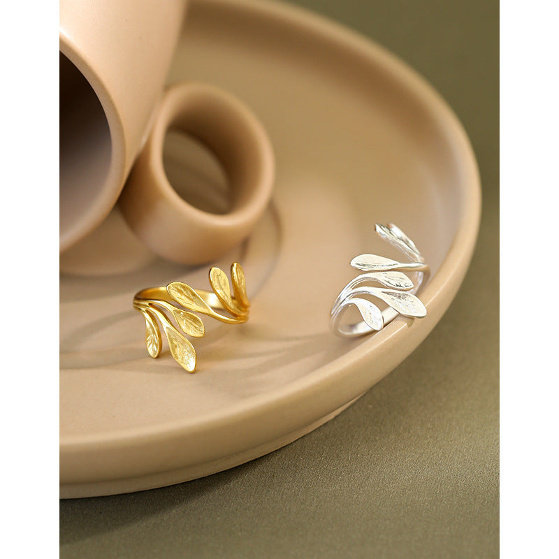 Lovcia Olive Branch Leaves Adjustable Ring 925 Gold Plated-Rings-Yellow Gold-Yellow Gold