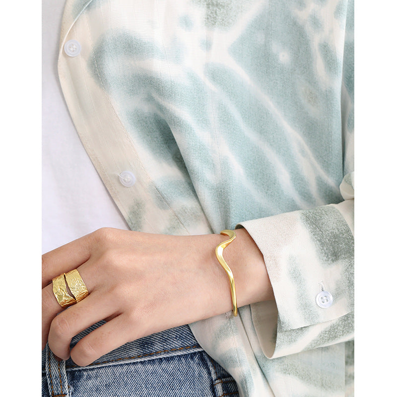 Lovcia Open Bangle Irregular Wave 56mm 925 Gold Plated-Bracelets-Yellow Gold-Yellow Gold