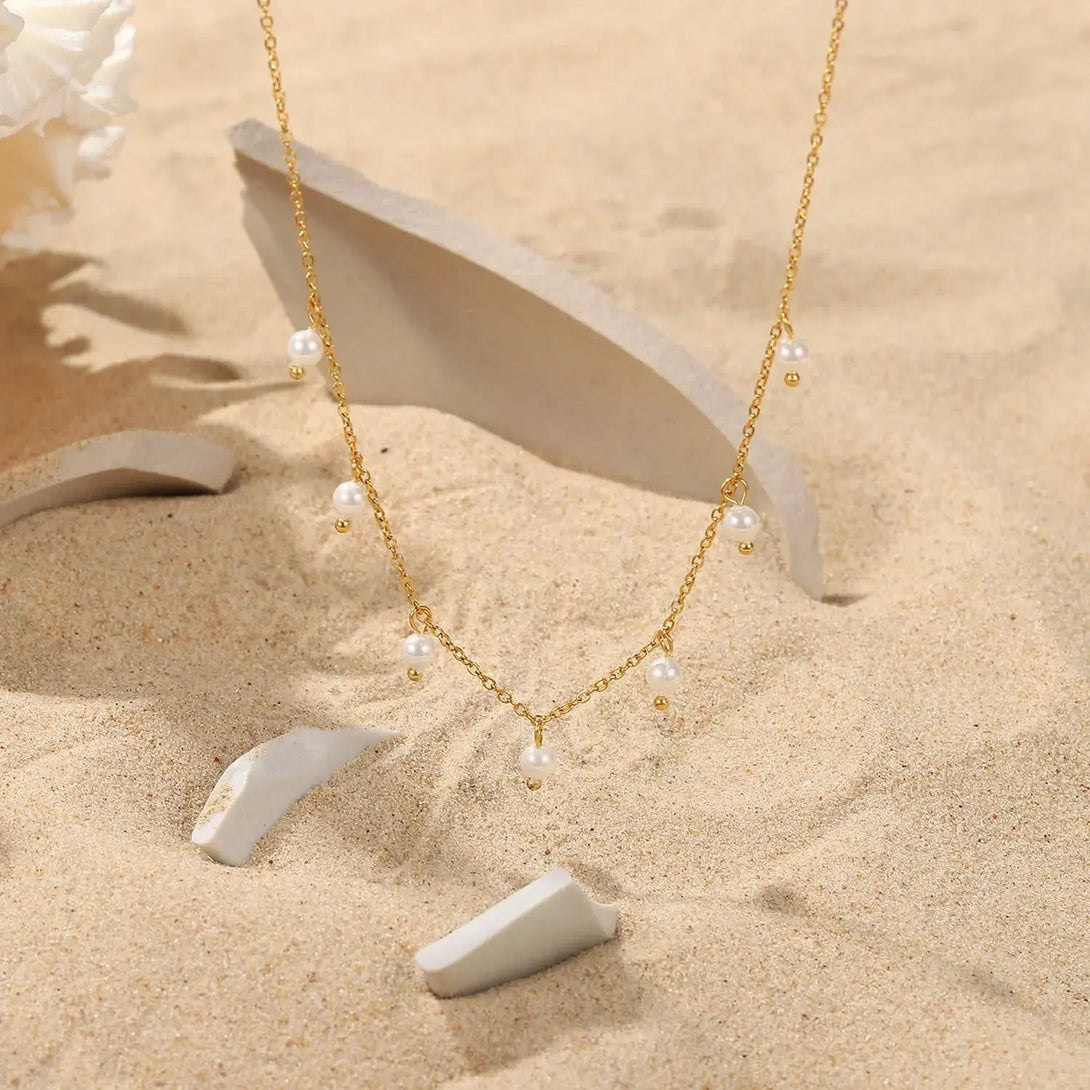 Lovcia Opulent Elegance Pearl Tassel Necklace - Women's Gold Plated Stainless Steel Chain-Necklaces-Golden colour-Golden colour