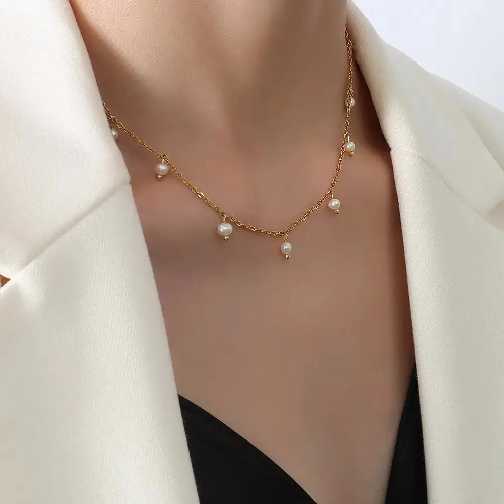 Lovcia Opulent Elegance Pearl Tassel Necklace - Women's Gold Plated Stainless Steel Chain-Necklaces-Golden colour-Golden colour