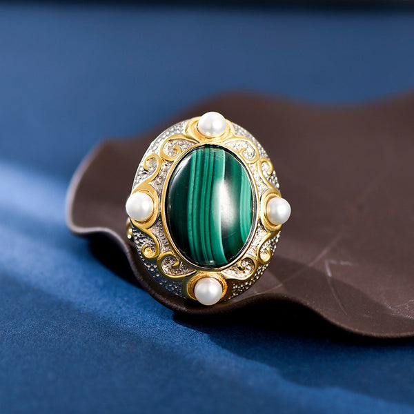 Lovcia Oval Malachite Gemstone Cocktail Ring For Women-Rings-Green-Green