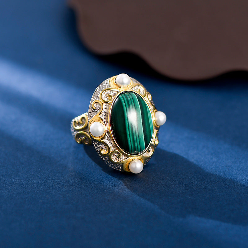 Lovcia Oval Malachite Gemstone Cocktail Ring For Women-Rings-Green-Green