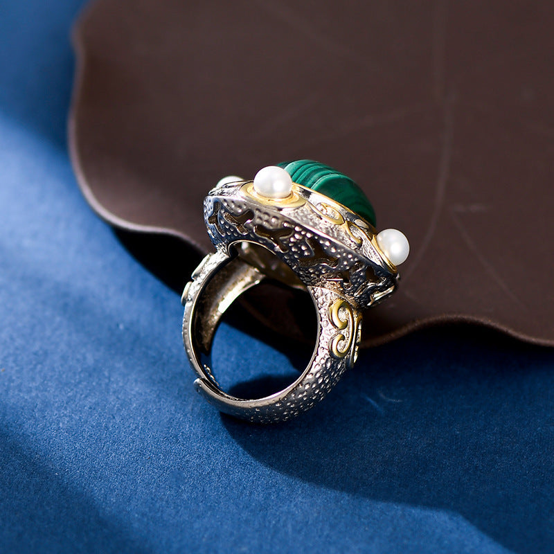 Lovcia Oval Malachite Gemstone Cocktail Ring For Women-Rings-Green-Green