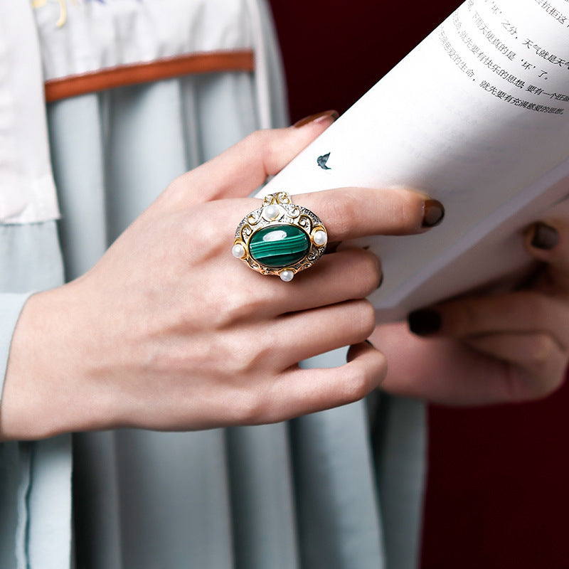 Lovcia Oval Malachite Gemstone Cocktail Ring For Women-Rings-Green-Green