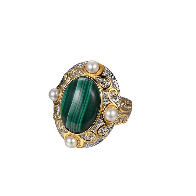 Lovcia Oval Malachite Gemstone Cocktail Ring For Women-Rings-Green-Green
