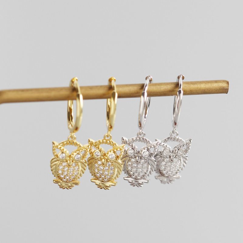 Lovcia Owl CZ Hoop Earrings 925 Sterling Silver Gold Plated-Earrings-Yellow Gold-Yellow Gold