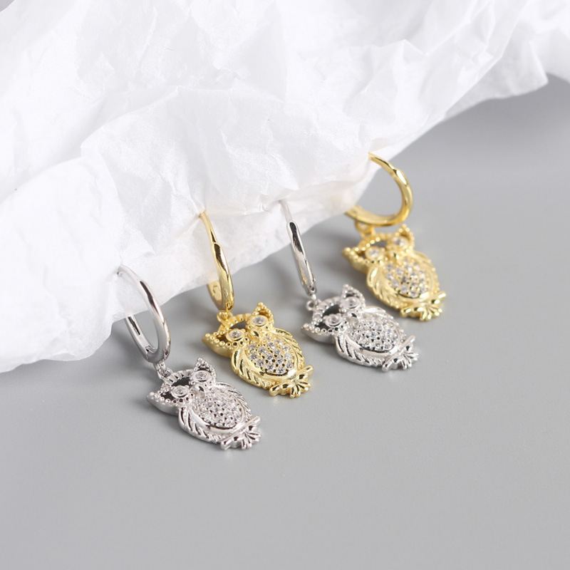 Lovcia Owl CZ Hoop Earrings 925 Sterling Silver Gold Plated-Earrings-Yellow Gold-Yellow Gold