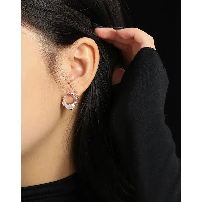 Lovcia Party Geometry Irregular Circle 925 Sterling Silver Stud Earrings-Earrings-Rhodium-Rhodium