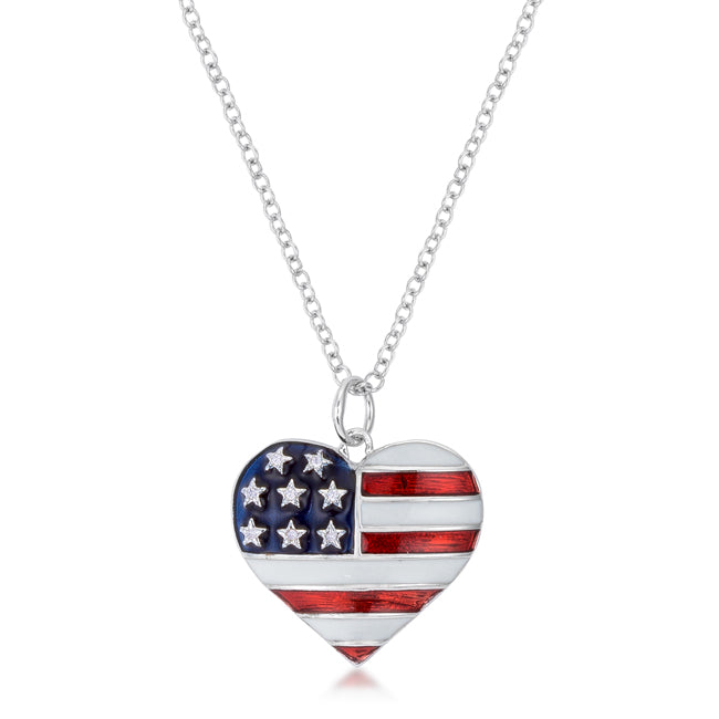 Lovcia Patriotic Heart Rhodium-Plated Necklace with CZ and Enamel-Necklaces-