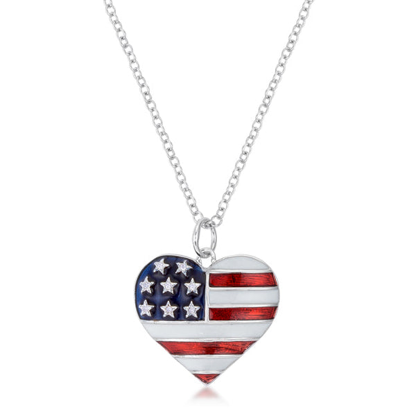 Lovcia Patriotic Heart Rhodium-Plated Necklace with CZ and Enamel-Necklaces-