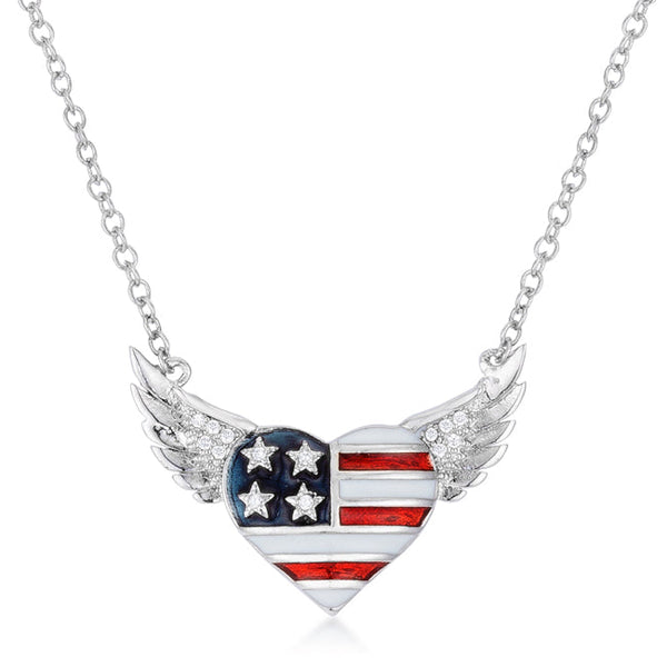 Lovcia Patriotic Winged Heart Pendant with Enamel and 0.14 Ct CZ Stone-Necklaces-