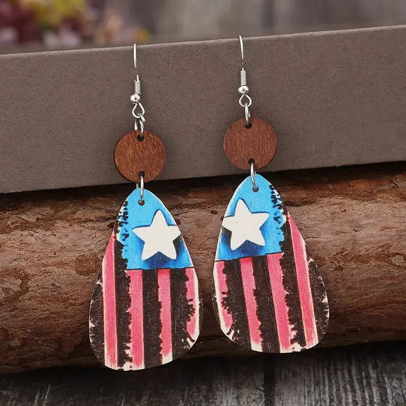 Lovcia Patriotic Wooden Dangle Earrings with Stars & Stripes for Women-Earrings-Multicolor-One Size-Multicolor