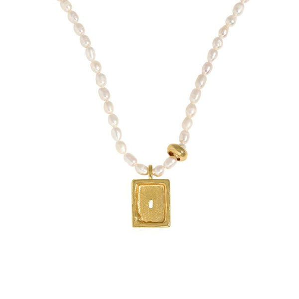 Lovcia Pearl Bead Necklace With Gold Rectangle Tag Pendant-Necklaces-Yellow Gold-Yellow Gold