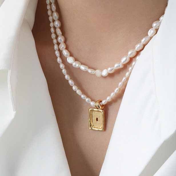 Lovcia Pearl Bead Necklace With Gold Rectangle Tag Pendant-Necklaces-Yellow Gold-Yellow Gold