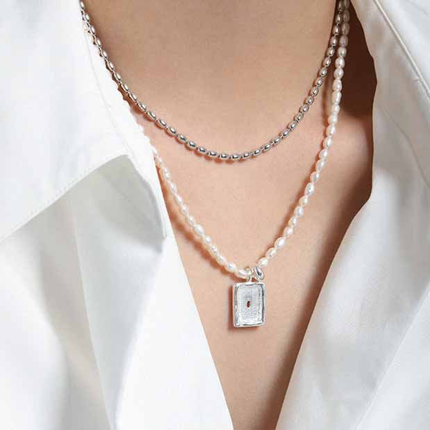 Lovcia Pearl Bead Necklace With Gold Rectangle Tag Pendant-Necklaces-Yellow Gold-Yellow Gold