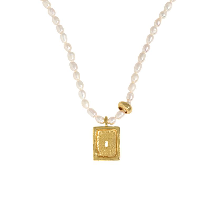 Lovcia Pearl Bead Necklace With Gold Rectangle Tag Pendant-Necklaces-Yellow Gold-Yellow Gold