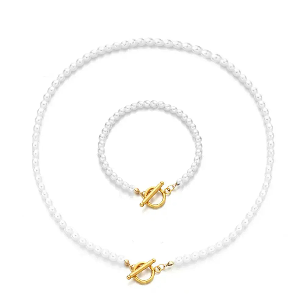 Lovcia Pearl Chain Bracelet And Necklace Set-Necklaces-21cm Golden Suit-21cm Golden Suit