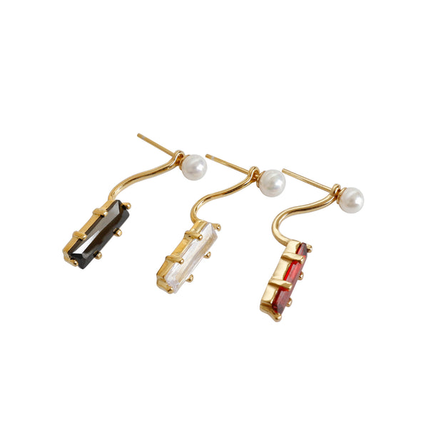 Lovcia Pearl Rectangle CZ Drop Earrings Gold Plated 925-Earrings-White CZ & Single-White CZ & Single