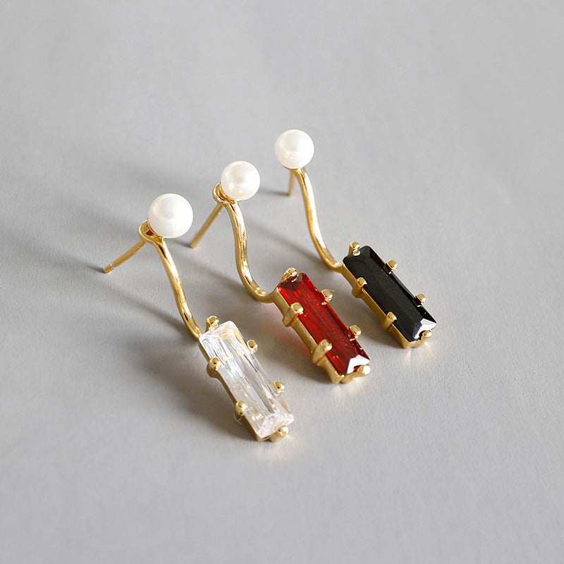 Lovcia Pearl Rectangle CZ Drop Earrings Gold Plated 925-Earrings-White CZ & Single-White CZ & Single