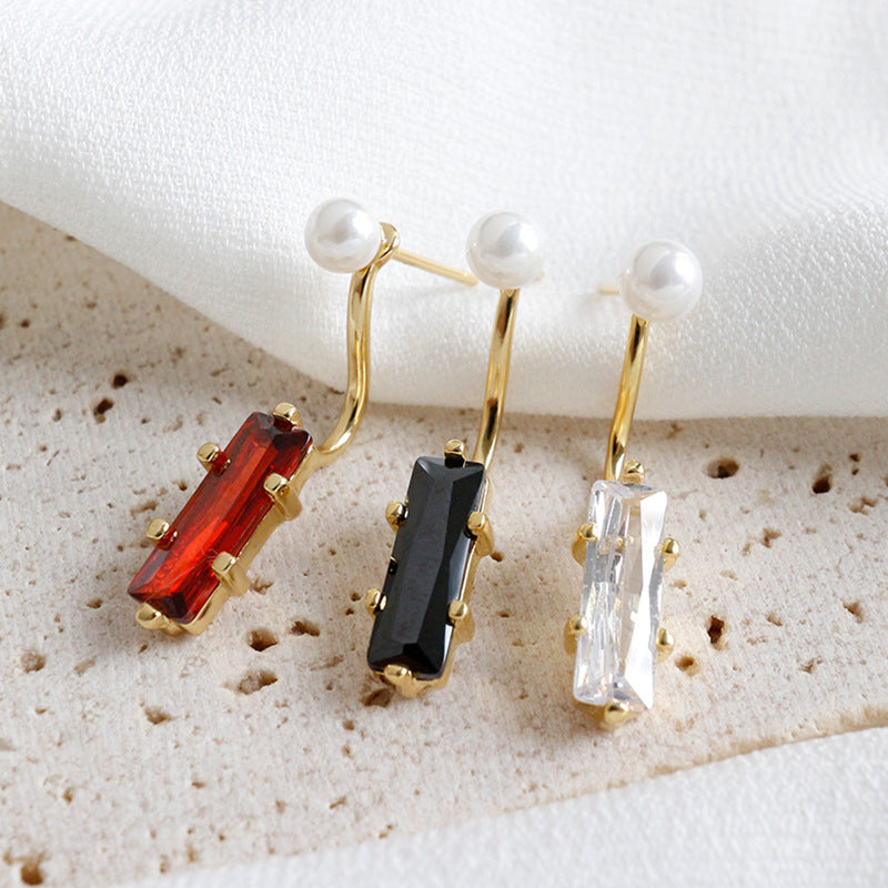 Lovcia Pearl Rectangle CZ Drop Earrings Gold Plated 925-Earrings-White CZ & Single-White CZ & Single