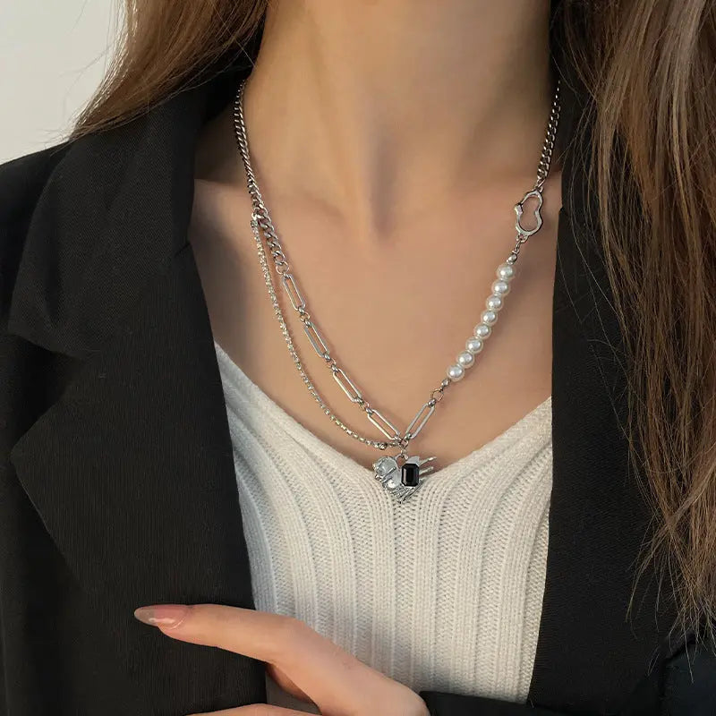 Lovcia Pearl Stitching Love Pendant Speciality Necklace Jewellery for Women-Necklaces-Pearl Necklace-Pearl Necklace