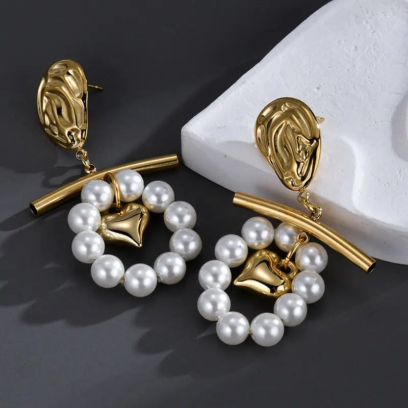 Lovcia Pearl Tassel Titanium Steel Fashion Earrings for Women-Earrings-White-White
