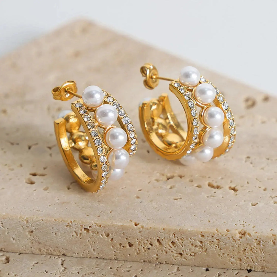 Lovcia Pearl Titanium Steel C-Hoop Earrings-Earrings-Gold-One Size-Gold