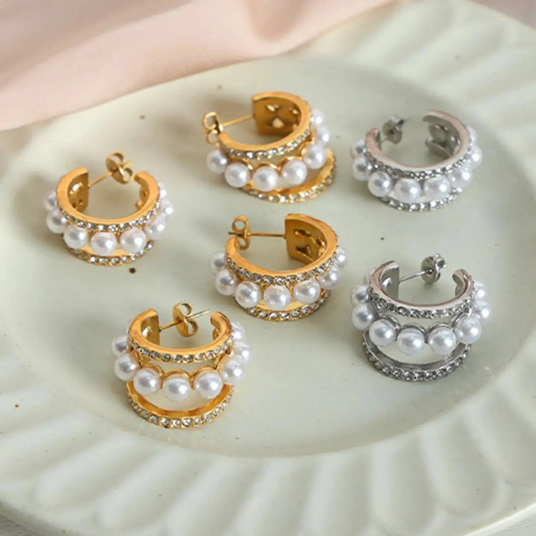 Lovcia Pearl Titanium Steel C-Hoop Earrings-Earrings-Gold-One Size-Gold