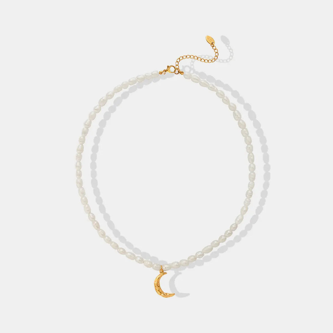 Lovcia Pearl Titanium Steel Moon Shape Pendant Necklace-Necklaces-Gold-One Size-Gold