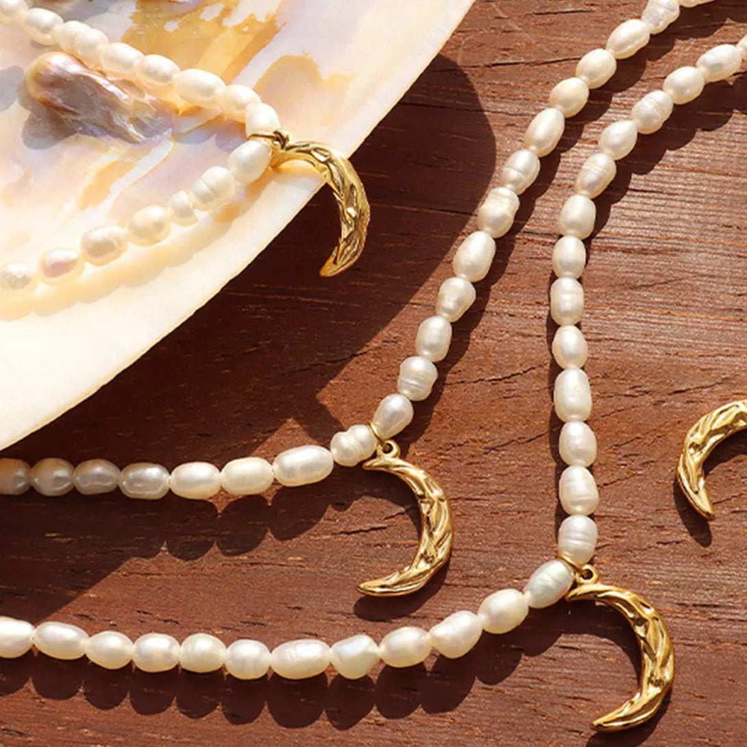 Lovcia Pearl Titanium Steel Moon Shape Pendant Necklace-Necklaces-Gold-One Size-Gold