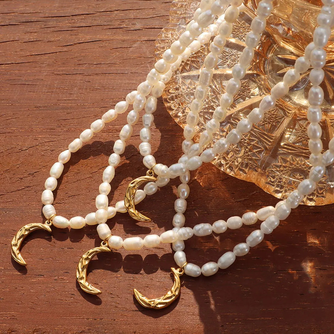 Lovcia Pearl Titanium Steel Moon Shape Pendant Necklace-Necklaces-Gold-One Size-Gold