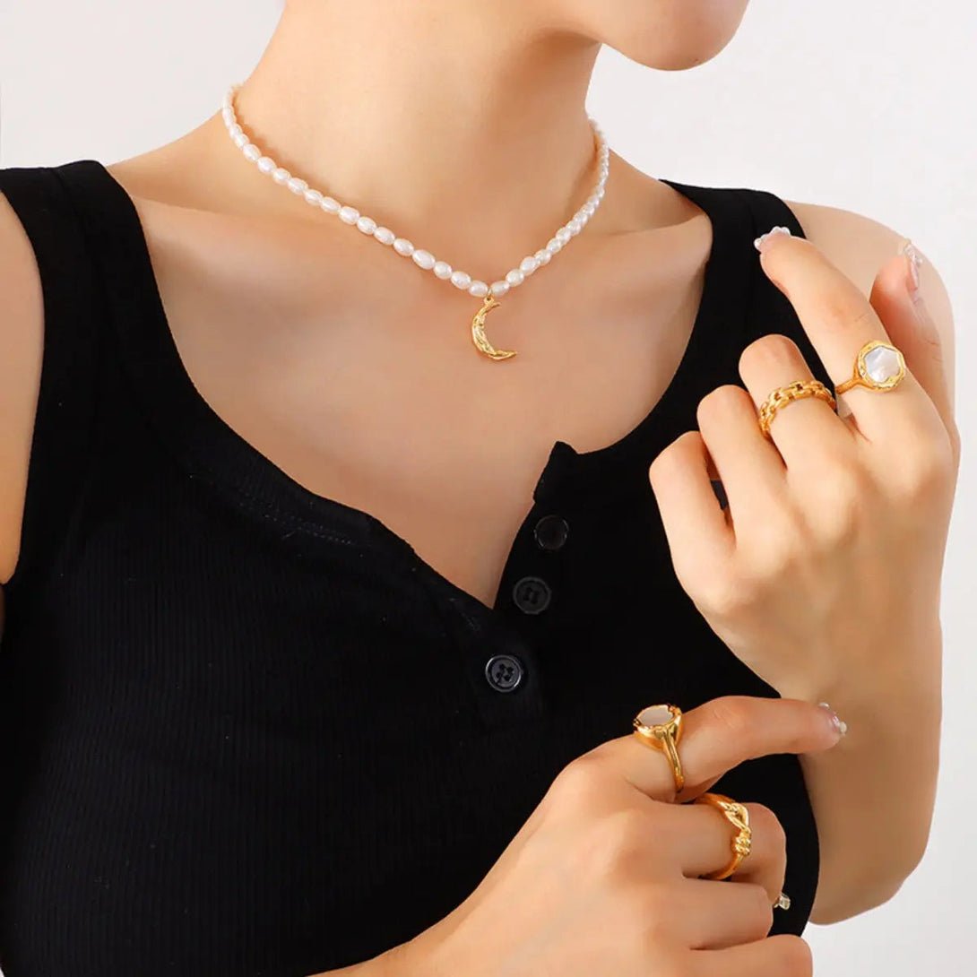 Lovcia Pearl Titanium Steel Moon Shape Pendant Necklace-Necklaces-Gold-One Size-Gold