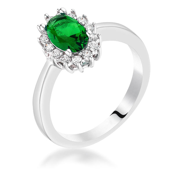 Lovcia Petite Silvertone Ring with Oval Emerald Green CZ Stone-Rings-5-5