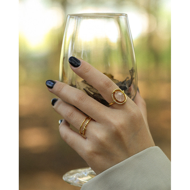 Lovcia Pink CZ Round Ring 925 Sterling Silver Adjustable-Rings-Yellow Gold-Yellow Gold