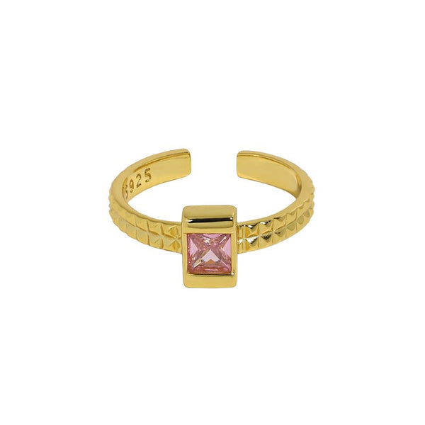 Lovcia Pink CZ Square 925 Sterling Silver Adjustable Ring-Rings-Yellow Gold-Yellow Gold